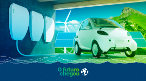 montagem realistas, mostra um carro em primeiro plano e em segundo plano equipamento de energias renovaveis representando sustentabilidade
